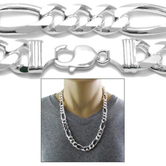 STERLING SILVER FIGARO CHAIN NECKLACE 14MM (GAUGE 400). AVAILABLE IN 5 LENGTHS. - Picture 1 of 3